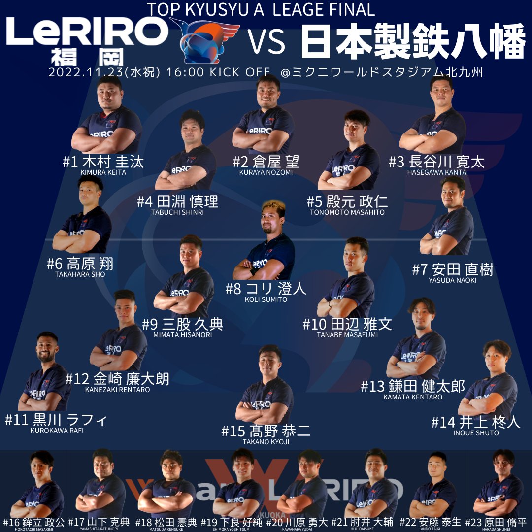 leriro_fukuoka's tweet photo. ＼📣メンバー発表／

🆚日本製鉄八幡
🗓11月23日(水)
⏰16:00キックオフ
🏟ミクニワールドスタジアム北九州

公式アプリでLIVE配信と試合速報を行います📣
▼ダウンロードはこちら
https://t.co/fzlf2Pd1ev

 #ルリーロ福岡 #日本製鉄八幡
#トップキュウシュウリーグ2022
#入場無料 #KyushuRugby2022 https://t.co/eGnNTJ4XJ6