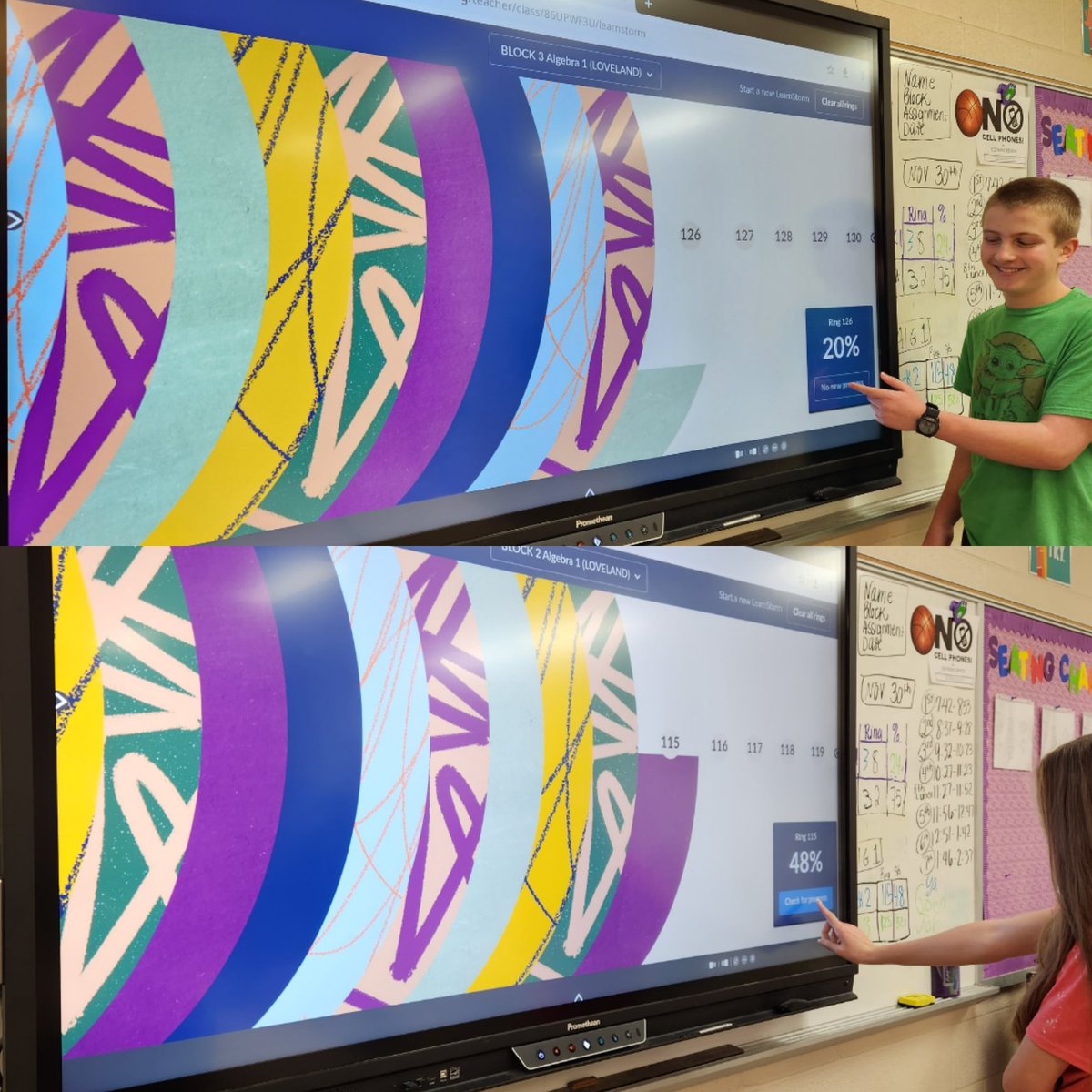 ALoveland67's tweet photo. My Algebra 1 class has gotten very competitive. Talk about a great way to have them practice the standards I'm teaching! Ring 126 vs 116! Down to the wire!! #learnstorm @khanacademy https://t.co/OU3Mv2wJQk