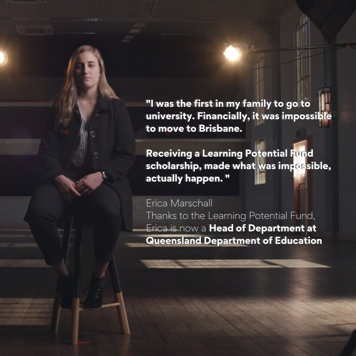 QUT's tweet photo. Erica was the first in her family to go to university. The Learning Potential Fund scholarship made the impossible, possible. Support #QUTLPF and help students like Erika become an inspiration for others. Donate: https://t.co/cxB5S80Cnm #QUTAlumni #Giving https://t.co/o47Ge2K6pD