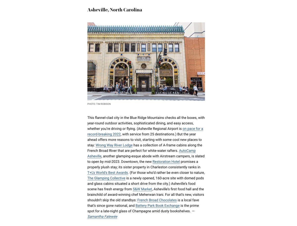 Awesome to see Asheville and The S&amp;W Market get a mention in the @travelandleisure 50 Best Places to Travel in 2023! Our Highland Downtown Taproom is in good company with the other awesome vendors in the city's first food hall!