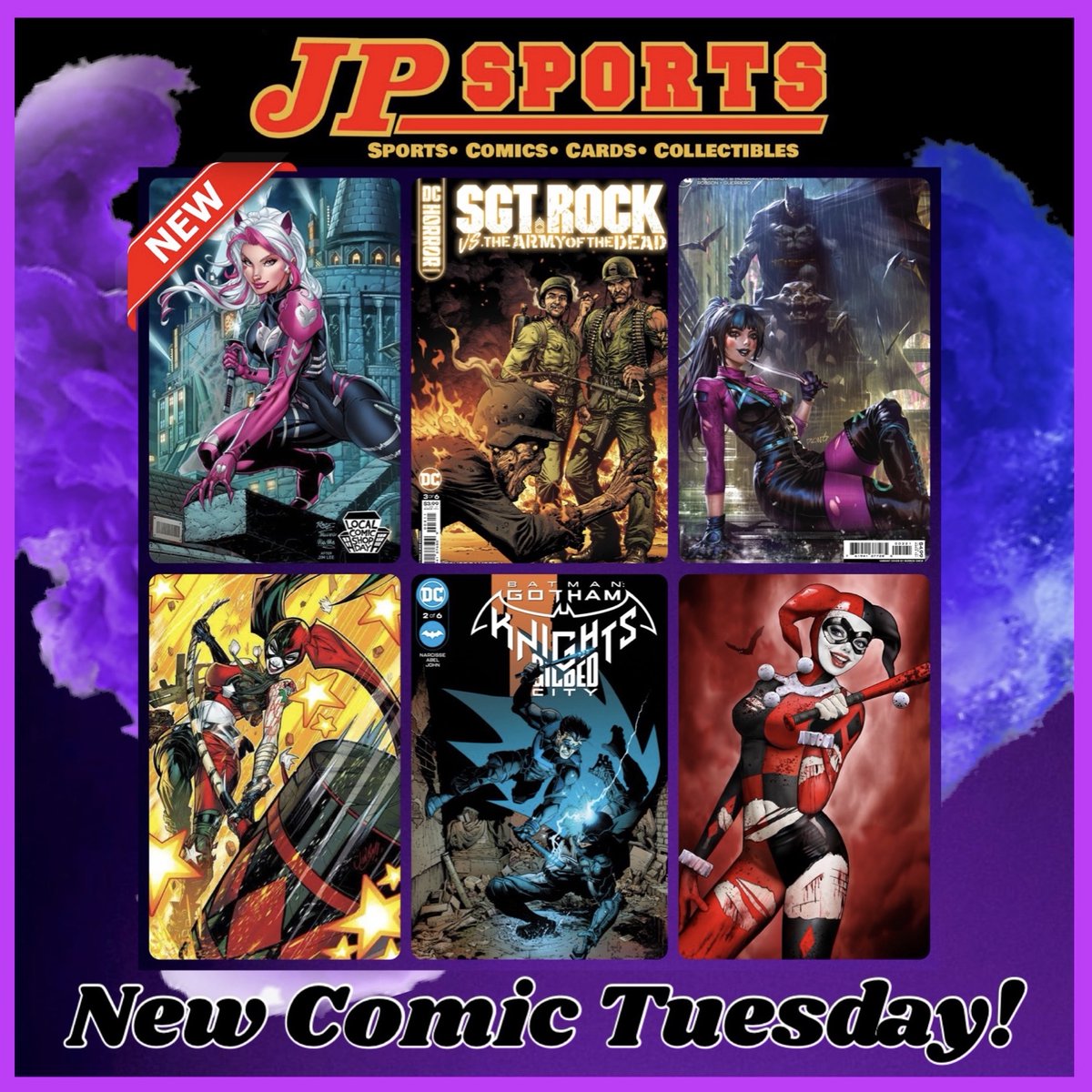 JPSportsCollect's tweet photo. Tomorrow is NEW Comic Tuesday! 🫶💜
•Harley Quinn! 💋
•Miss Meow! 🐈‍⬛
•Action Comics! 💥
•Batman Knights! 🦇
Come into either #JPSports location OR Shop online @ https://t.co/KbiRnDp9lq! See you soon #SWFL! #Comics #ShopLocal https://t.co/zZVw39Le33
