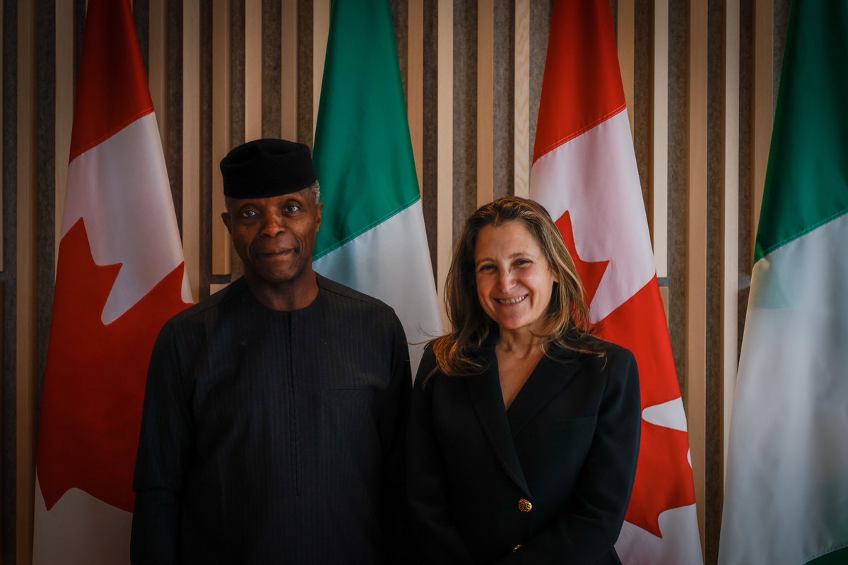 cafreeland's tweet photo. Wonderful to welcome the Vice President of Nigeria @ProfOsinbajo and his team to Canada today. A great lunchtime conversation about the economy, building a social safety net, and how Nigeria and Canada can work together. 🇳🇬 🇨🇦 https://t.co/NhITzljzxQ