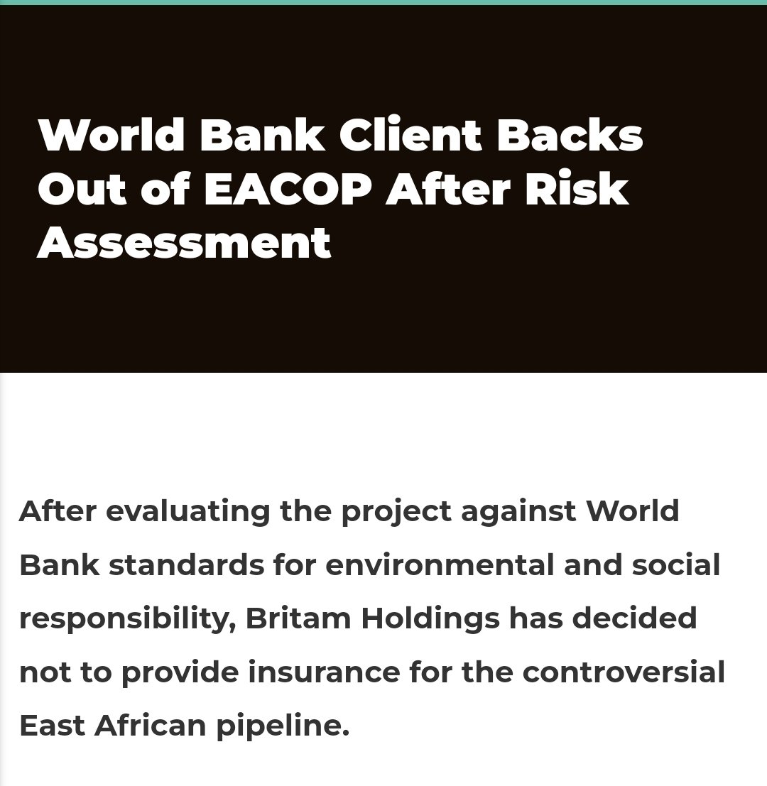 UNINSURABLE PIPELINE

World Bank client and East Africa's leading insurer Britam is the next insurance company to stay away from EACOP.

The project appears doesn't adhere to IFC standards that proponents have claimed to uphold.

#StopEACOP

inclusivedevelopment.net/ifc-campaigns/…