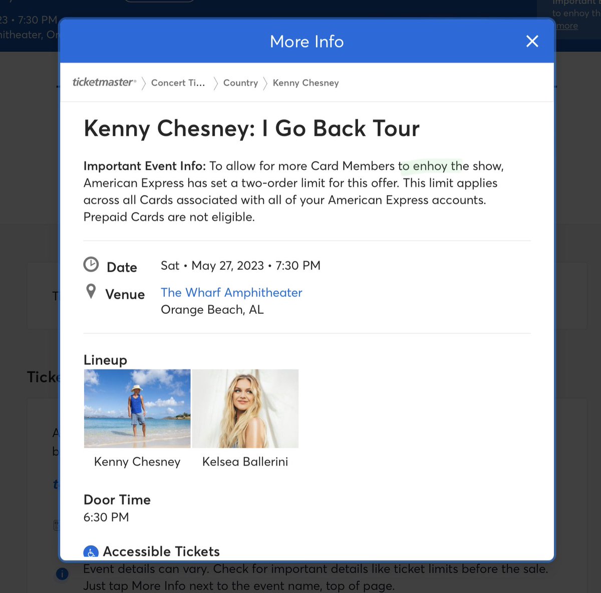 laugust4's tweet photo. @Ticketmaster I was looking at tkts for May 27th, 2023, &amp;  found a typo; thought you’d like to know. (It’s one of my unpaid skills 😆) https://t.co/52muwDwTt7