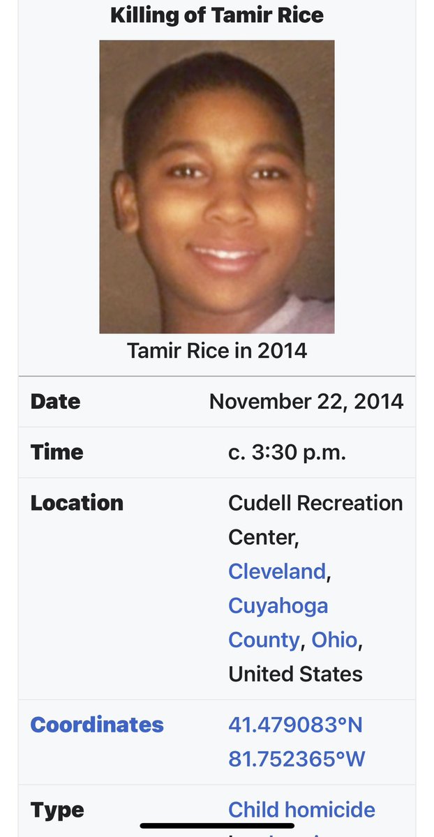 Tamir Rice was shot & killed November 22, 2014 almost immediately by Cleveland police while holding a toy gun when he was 12. The officers were not criminally charged. Playing with a toy gun while Black was the threat and crime. #FreshResists