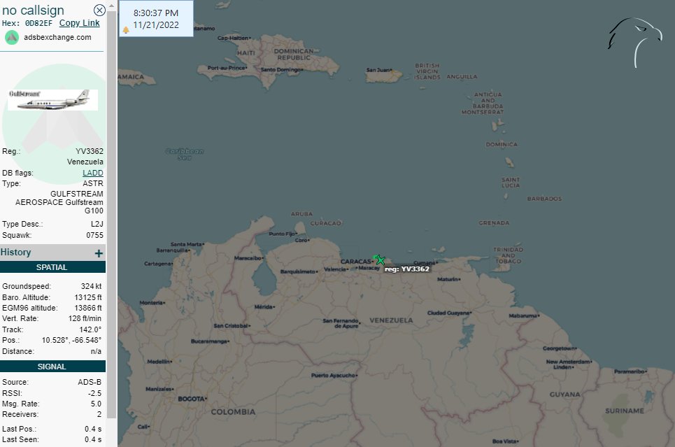 FlconEYES's tweet photo. ✈️#VuelosRevolucionarios🔥🔥🧐
#ElCartelDelCaribe
Jet utilizado por la Dictadura de Maduro para sus vuelos a Cuba y Barbados
#YV3362 | #0D82EF
Saliendo de #Caracas #Venezuela.
#PlaneAlert #AvGeek #ADSB #Aviation #OSINT #21Nov
https://t.co/ITvf4k7vra https://t.co/V8ZAQMTw2N