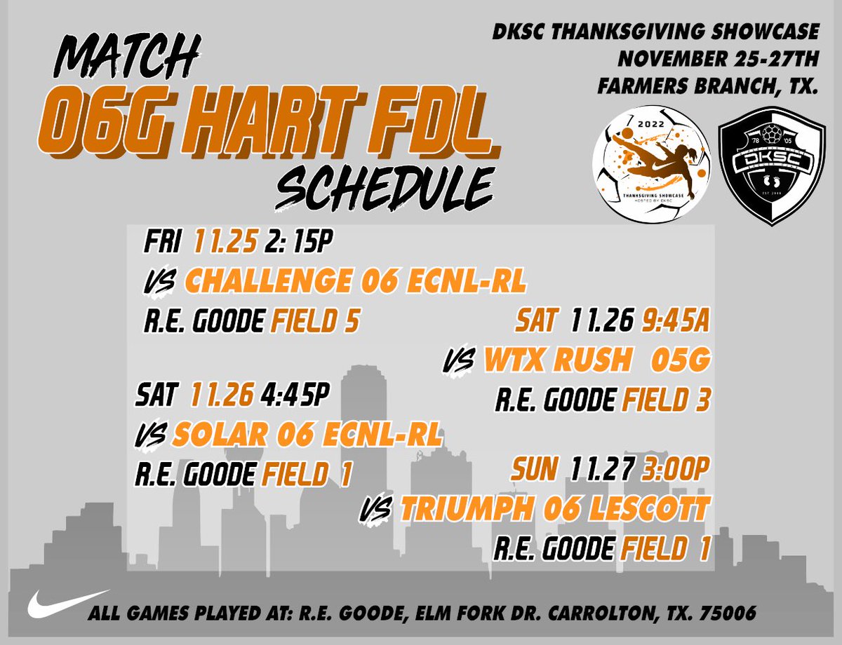 STING DALLAS BLACK 07/06 HART ECNL RL (@stingblk06ghart) on Twitter photo Can’t wait to touch the pitch this weekend! Here’s our match schedule for the <a href="/DKSC_official/">D'Feeters Kicks Soccer Club</a> Thanksgiving Showcase. College coaches please stop by! Can’t wait to touch the pitch this weekend! Here’s our match schedule for the <a href="/DKSC_official/">D'Feeters Kicks Soccer Club</a> Thanksgiving Showcase. College coaches please stop by!
