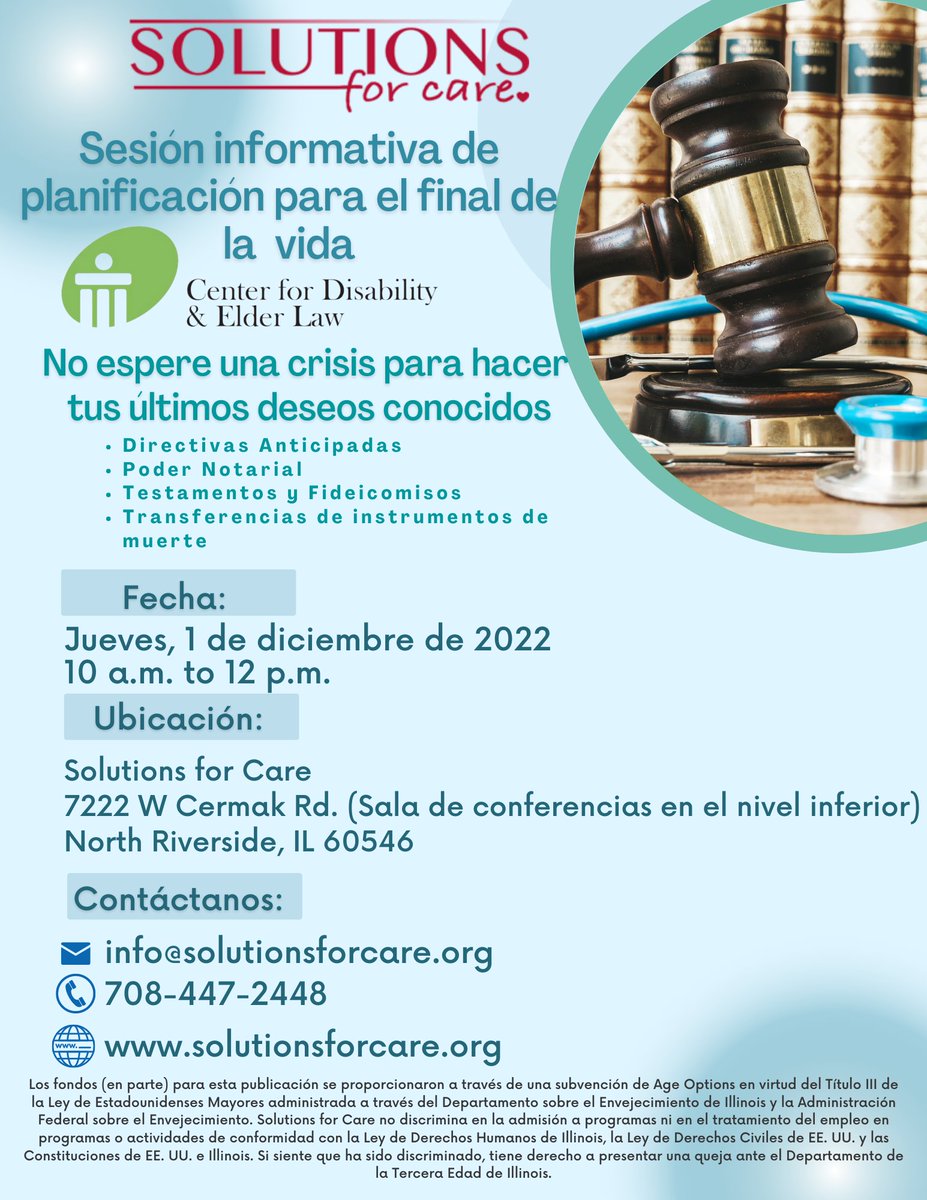 Back by popular #demand. Solutions for Care has partnered with the Center for Disability and Elder Law (CDEL) to host an End of Life Planning Information Session. This information session will have a #Spanish translator on site.  

#SolutionsForCare #Life #Seniors #Elders