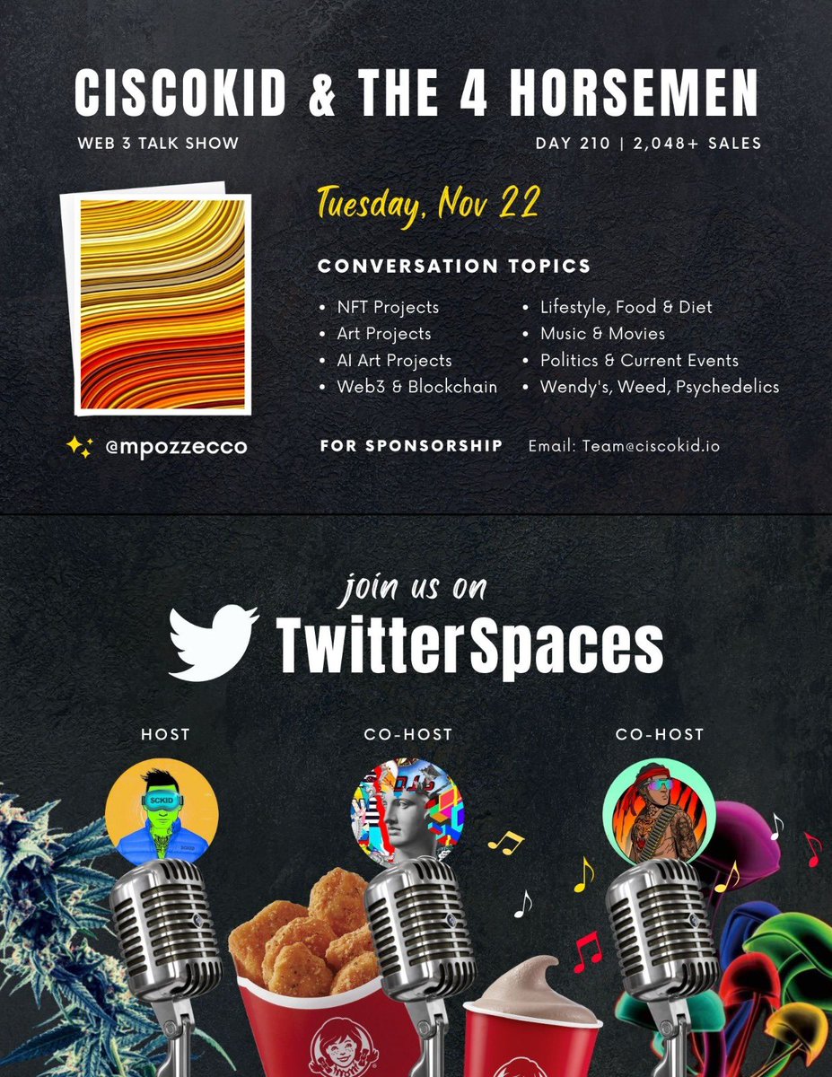 #4Horsemen Tuesday #NFT Project Space |2️⃣1️⃣0️⃣Days |2️⃣,0️⃣4️⃣9️⃣l+Sales🤑

🌎 Web3 NFT Talk Show  
🎙<a href="/sporkfineart/">Dominic LaRiccia</a> 
🎙@ciscokidcoin 
🎙<a href="/tattoobumnft/">Tattoo Bums and Betties</a> 

🎯Featured Projects
🎙️<a href="/mpozzecco/">mpozzecco</a> 

⏳Set a reminder 👇

x.com/i/spaces/1RDGl…