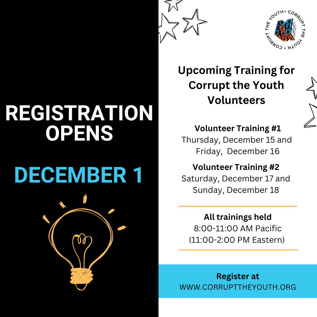 Registration for volunteer training is coming up! Go to Corrupttheyouth.org to learn more! #Philosophy