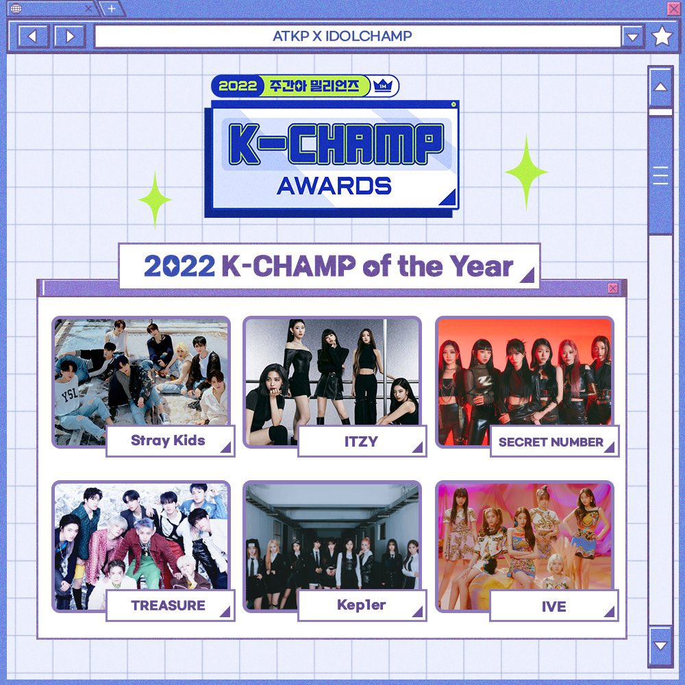 [🗳] K-CHAMP AWARDS 

#Kep1er is nominated for K-Champ Of The Year on Idol Champ K-Champ Awards 2022

⏳️November 21-27, 2022
📎promo-web.idolchamp.com/app_proxy.html

Criteria
➡️ 40% K-Champ Of The Year
➡️ 60% Weekly Idol Views

<a href="/official_kep1er/">Kep1er</a> <a href="/kep1er_jp/">Kep1er JP</a>