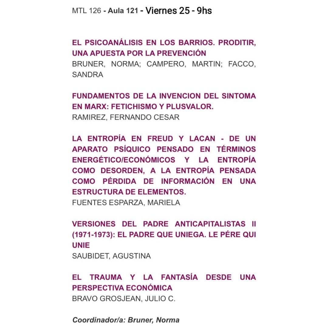 EscuelaUba's tweet photo. Congreso internacional de investigación
Mariela Fuentes Esparza, docente de prácticos, viernes 25 de noviembre, 9hs, aula 121 (trabajo libre)
•
•
•
#escuelafrancesa #psicoanalisis #psicologia #jornadasinvestigacion #rabinovich #olaso #lacan #freud #ubaldini #calledelille https://t.co/xLT6bQC08c