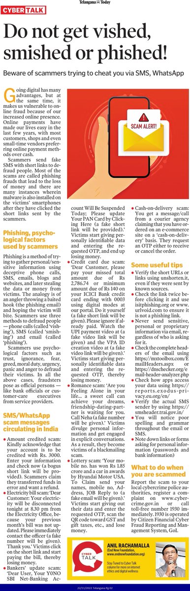 EndNowCyber's tweet photo. Don't get Vished, Smished or Phished @TelanganaToday
#safety #ethics #wellbeing #smsfrauds #whatsappfrauds #phishingfrauds @APPOLICE100 @Telangana4C @TelanganaCOPs @TelanganaDGP @nasscom @DSCI_Connect @NSDCINDIA @Cyberdost
@megamind00b @CyberSecurityN8 @akshayanayak79 https://t.co/J588EwLZLp