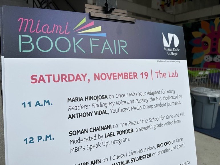 Anthony Vidal, a YMG student, aspiring journalist and senior at Miami Lakes Educational Center, interviewed NPR anchor and Mexican-American journalist Maria Hinojosa on Saturday about her new book “Once I was You” at the Miami book fair.