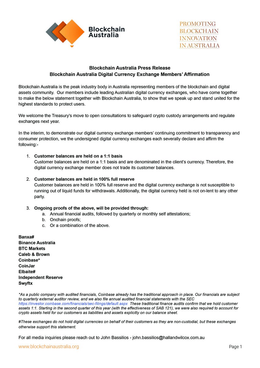 DECAustralia's tweet image. Blockchain Australia Press Release:

Blockchain Australia Digital Currency Exchange Members’ Affirmation.

Access to the press release can be found here: bit.ly/3gmuA8r