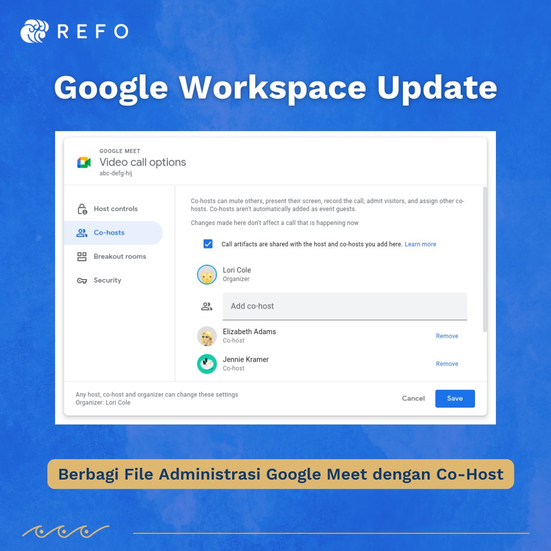 REFOrmers, ada yang baru lagi di #GoogleWorkspace nih!

✨ Update: Berbagi File Administrasi #GoogleMeet dengan Co-Host
🚀 Rollout: Mulai 13 September 2022
✅ Edisi: Fundamentals, Teaching and Learning, Education Plus

Ada yang udah cobain fiturnya belum nih? Komen di bawah yaa.
