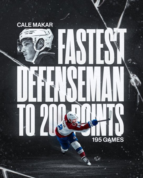 In white text on black background, "Cale Makar - fastest defenseman to 200 points - 195 games."
Below is a photo of Cale Makar in an away Colorado Avalanche uniform taking a shot.