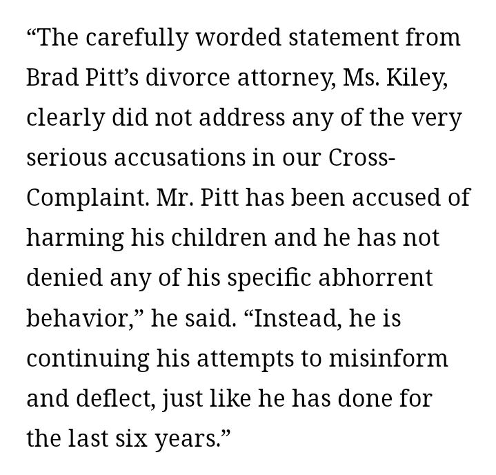 There are many things to correct here @ScottFeinberg. I hope you can. #BradPitt isn't denying any of the allegations. Changed their first statement then downplayed it. Your interview with Angelina is still one of my faves and it's disappointing that you wrote this article.