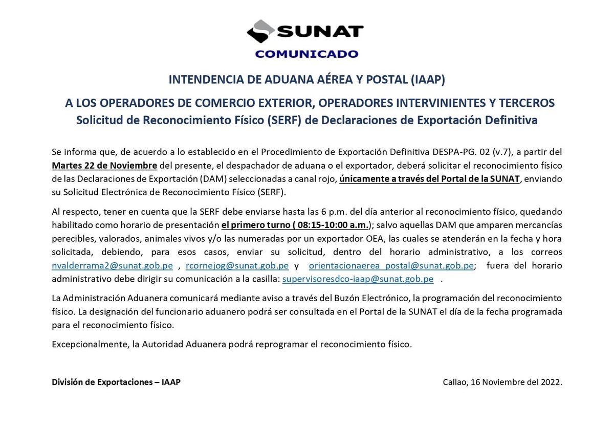 #ComunicadoAduanero | A partir del 22/Nov, el despachador de aduana o el exportador, deberá solicitar el reconocimiento físico de las Declaraciones de Exportación canal rojo, enviando su Solicitud Electrónica de Reconocimiento Físico (SERF). | 👷🏻‍♂️ aduaneroperu.com
