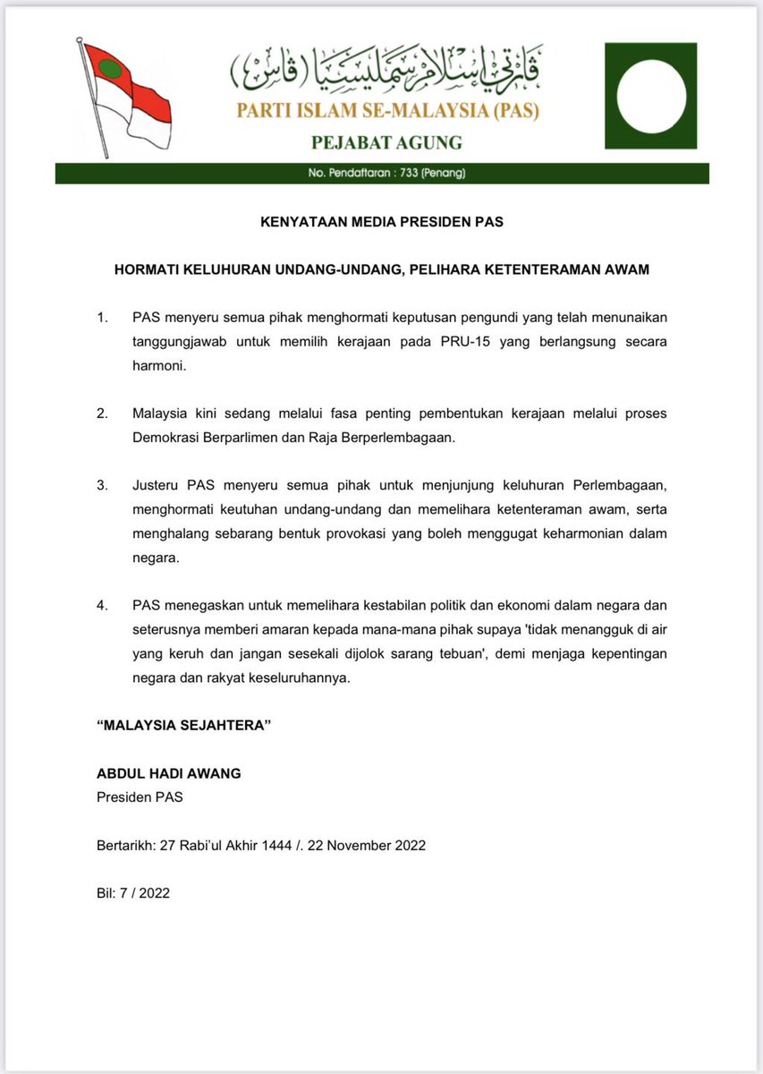 bharianmy's tweet photo. KENYATAAN MEDIA PRESIDEN PAS

HORMATI KELUHURAN UNDANG-UNDANG, PELIHARA KETENTERAMAN AWAM https://t.co/RKTklSJXeC