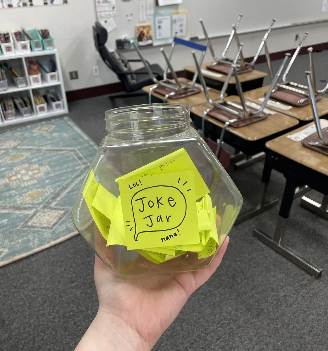 misslawless4c's tweet photo. Small joy of the week: We have been reading a daily joke for morning meeting every day.  My students requested a joke jar so they could write and submit their own. Today we read a couple and their jokes were so funny and clever! #WeRLVE #isd194 https://t.co/I74zZXGut4