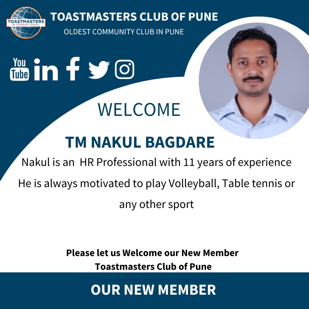 Toastmasterpune's tweet photo. Please let us welcome our new member of TMCP 👏🏻
A very warm welcome TM Nakul Bagdare !!!
#tmcp #toastmastersindia #toastmasters #toastmastersinternational #meeting #publicspeaking #Leadership #communication #goals #theme #goals #district125 #DivisionB #areab1 https://t.co/0VbKzAOhis