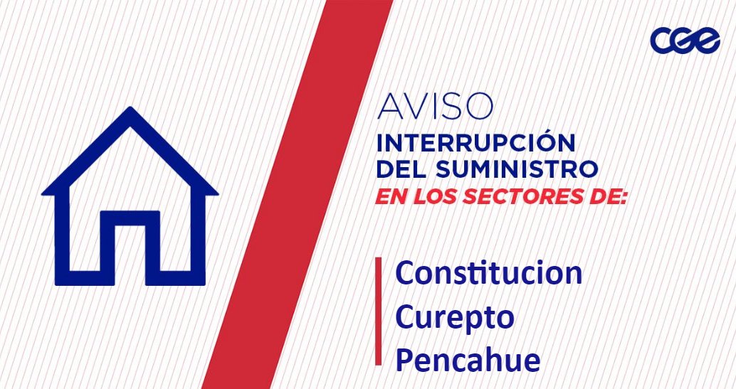 CGE_Clientes's tweet photo. Informamos a nuestros clientes de los sectores K-60, Los Promaucaes, Belén, La Unión y aledaños, comuna de #Constitucion #Curepto #Pencahue, la interrupción del suministro eléctrico. Nuestro personal de emergencia ya está informado. /RT https://t.co/exof9Ddjr1