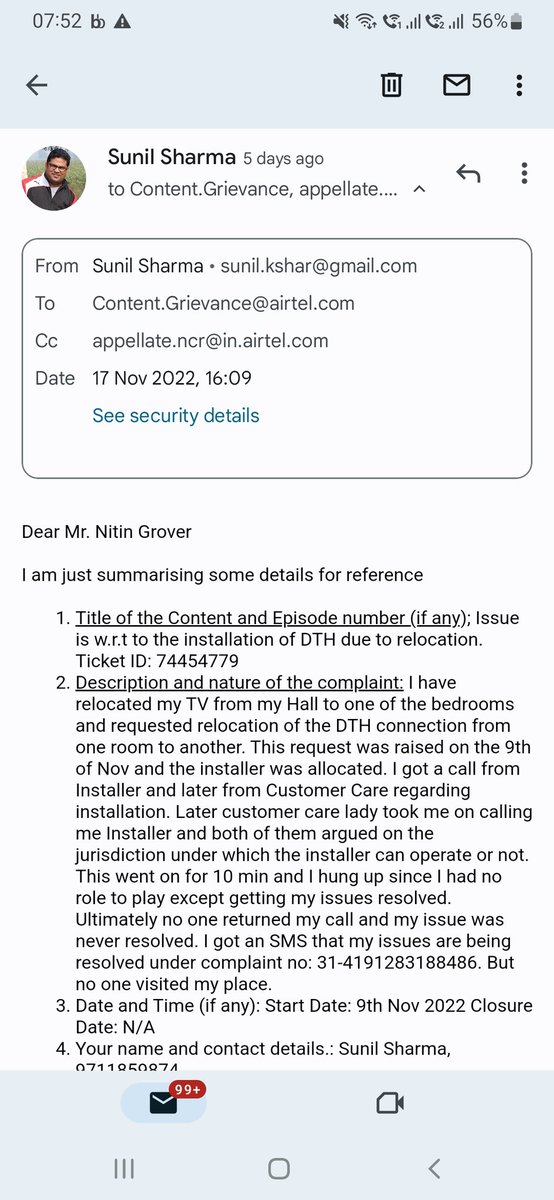 sunilkshar's tweet photo. I have been requesting @airtelindia for a relocation of my DTH Connection in the same house from one room to another. @airtelindia is now so careless about the customer service that my case was closed without anyone visited my home. I waited and finally wrote to grievance team. https://t.co/I9w9sJUksn