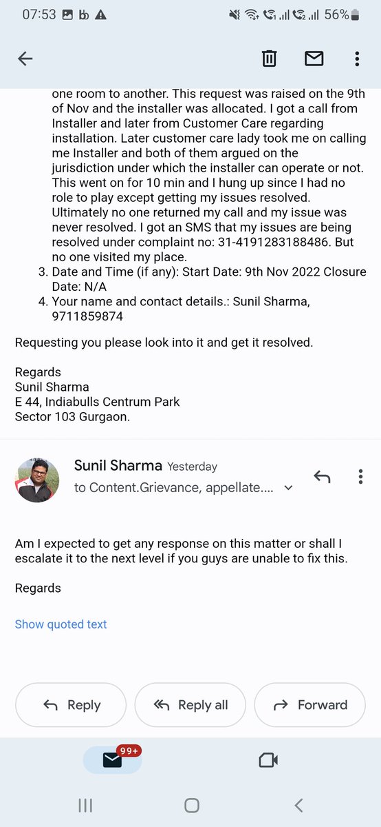 sunilkshar's tweet photo. I have been requesting @airtelindia for a relocation of my DTH Connection in the same house from one room to another. @airtelindia is now so careless about the customer service that my case was closed without anyone visited my home. I waited and finally wrote to grievance team. https://t.co/I9w9sJUksn