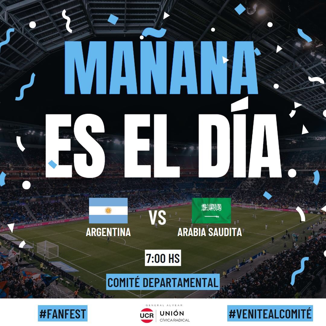 AlvearGral's tweet photo. Ya empezó el Mundial de Qatar ⚽️ y mañana debuta la Selección Argentina! 🇦🇷

Venite a nuestro Comité Departamental a disfrutar de la Fan Fest y alentemos a la Scaloneta con pantalla gigante! 😃

Te esperamos! 😉
Vamos Argentina! 🇦🇷♥️

#mundial #qatar2022 #argentina #venitealaucr https://t.co/ZHcB7CqlaF