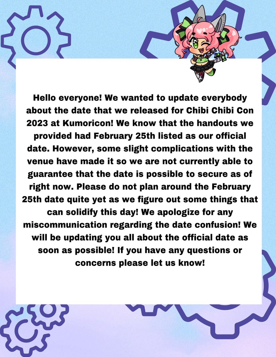Hey guys! Here is a #chibichibicon update about the con date we announced at Kumoricon this year!