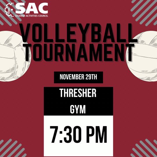 Join us next Tuesday (Nov. 29) for our Volleyball Tournament! The Tournament will take place at 7:30pm in Thresher Gym! Come out and showcase your talent!! Sign your team up using the link below: docs.google.com/forms/d/e/1FAI…?