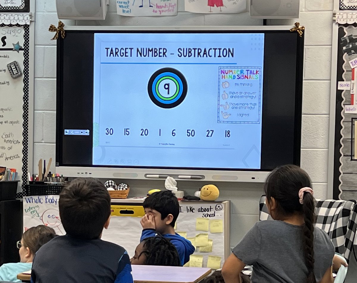 mooremathnerds's tweet image. Such a fun and engaging number talk with these @enterprisepwcs 3rd graders. The target number is 9. Using only the numbers given can you find a way to make 9? Numbers may be used more than once. You can only use addition and/or subtraction. Share your thinking below!