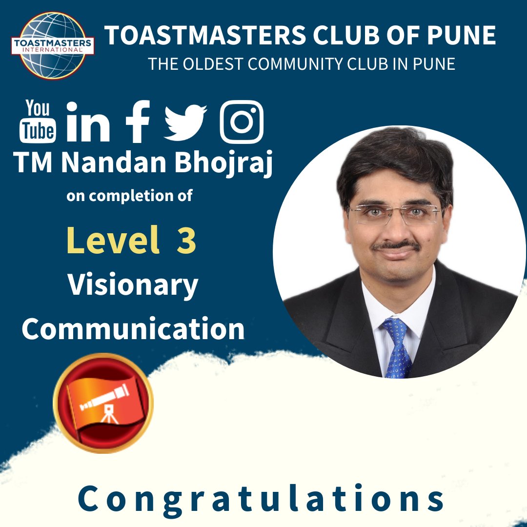 Toastmasterpune's tweet photo. Congratulations TM Nandan Bhojraj for completing Level 3 in Visionary Communication 🥳
#TMCP #toastmastersindia #toastmasters #toastmastersinternational #meeting #publicspeaking #Leadership #communication #theme #diamond #goals #district125 #divisionp #toastmastersindia #Toast https://t.co/ay99bk1ZLV