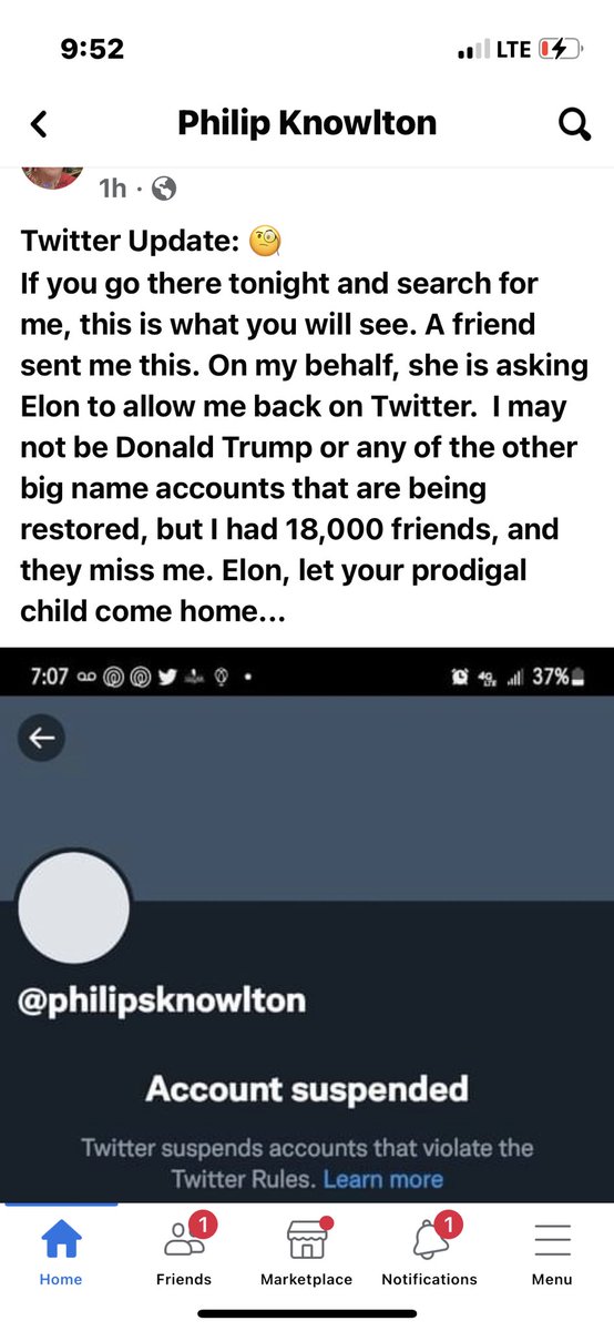 @MattH_4America @elonmusk @philipsknowlton Yeah, he’s on Facebook but wants to come back so bad. He misses all his people. Please take a look @elonmusk 😊