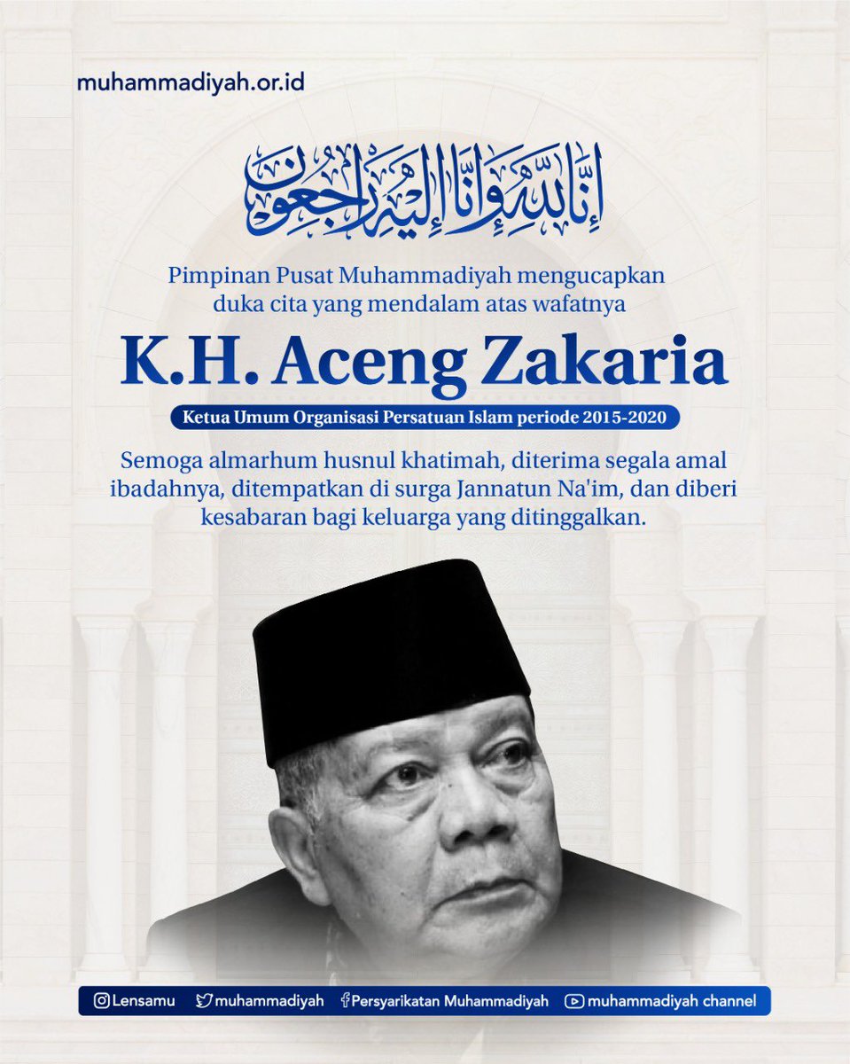 Pimpinan Pusat Muhammadiyah menyampaikan dukacita mendalam atas wafatnya KH Aceng Zakaria, Ketua Majelis Penasihat PP Persis dan juga Ketua Umum PP Persis 2015-2022. 

Semoga husnul khatimah, diterima amal ibadahnya, diampuni kesalahannya, dan ditempatkan di Jannatun Na'im.