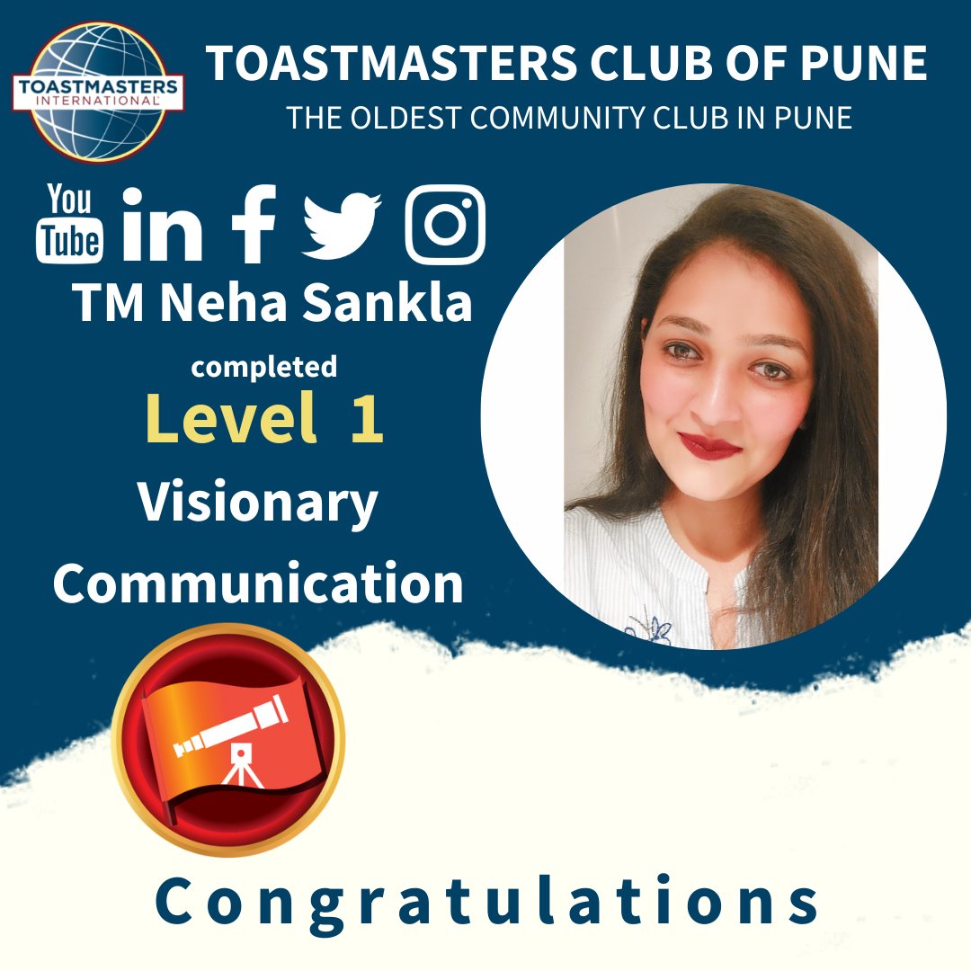 Toastmasterpune's tweet photo. Congratulations TM Neha Sankla for completing Level 1 in Visionary Communication 🥳
#TMCP #toastmastersindia #toastmasters #toastmastersinternational #meeting #publicspeaking #Leadership #communication #theme #diamond #goals #district125 #divisionp #toastmastersindia #toastme100 https://t.co/A5uxpby8LN