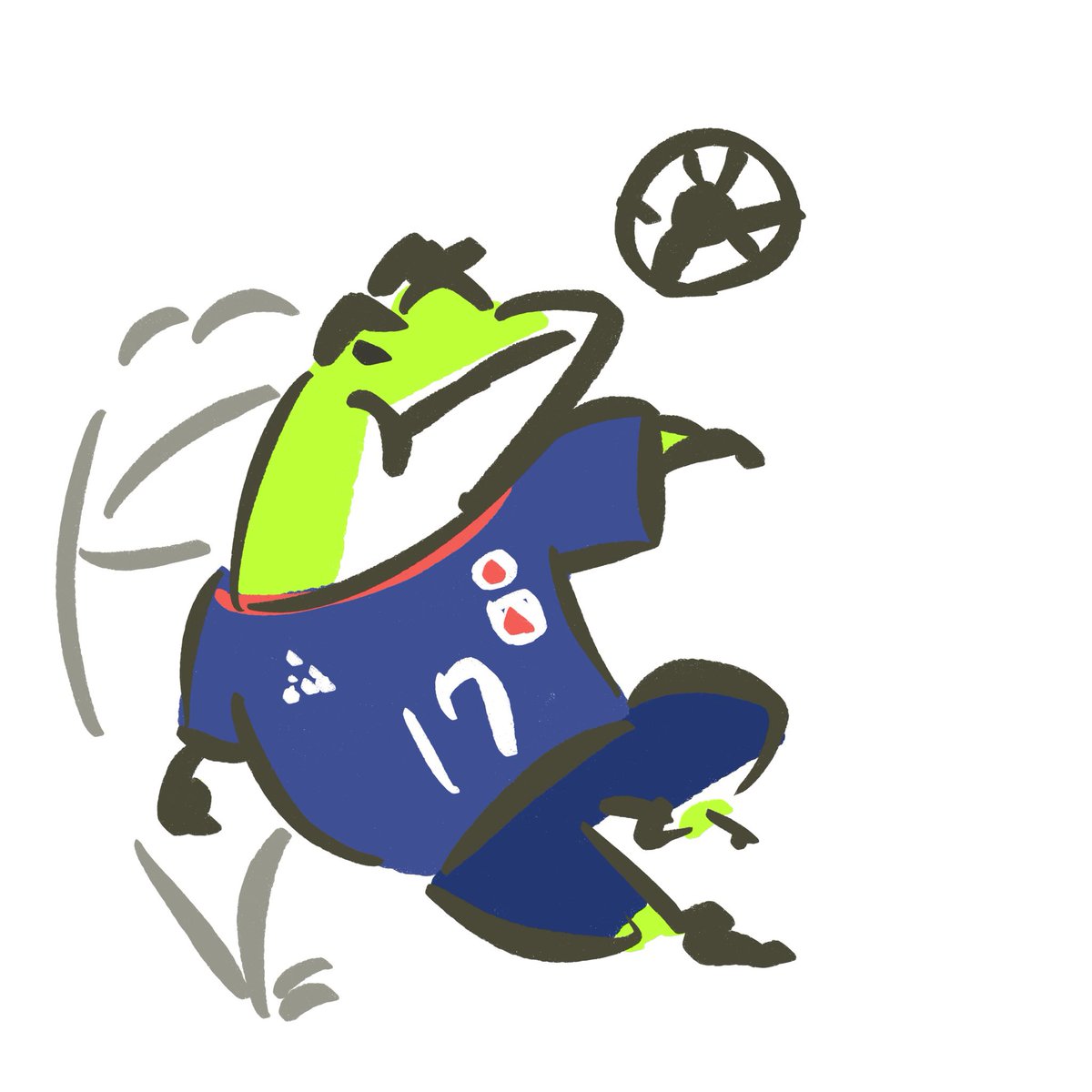 「ワールドカップもあるから今日の練習は下肢四年前にプレーを見ながら描いたかえるさん」|anzutann春🐸のイラスト