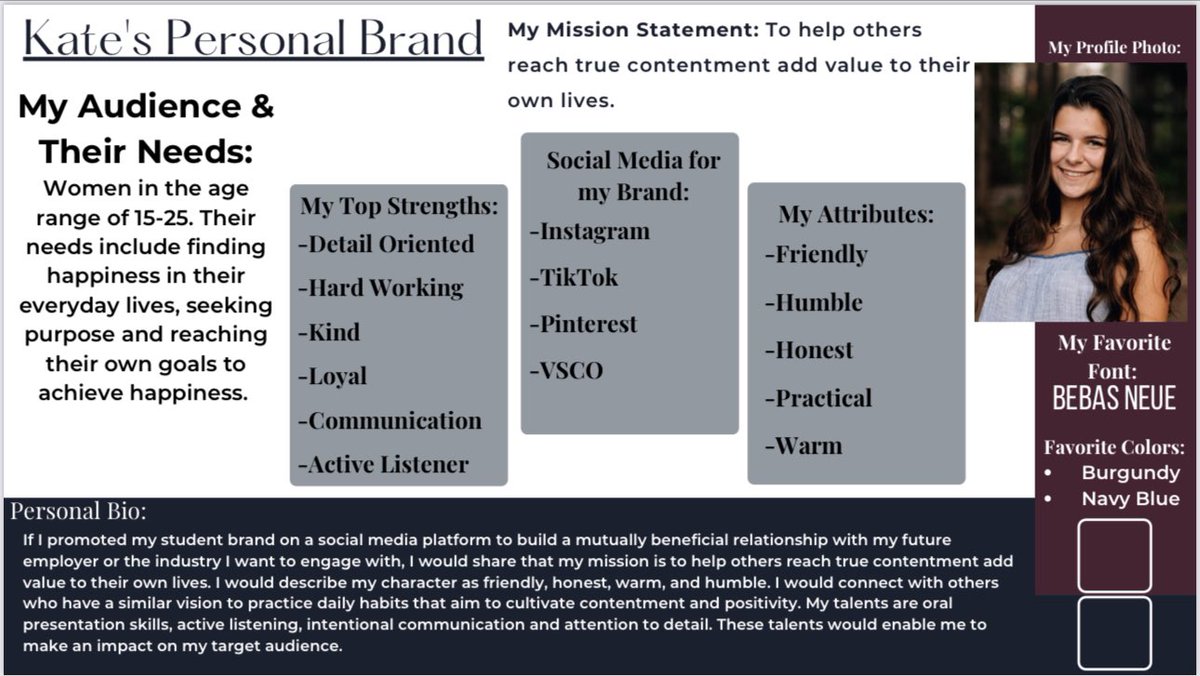 katieterborg's tweet photo. Finished my Personal Branding assignment today after taking quizzes on my branding archetype and mission statement. Can’t wait to utilize this in my future career! Shoutout to @TLPBynum for teaching these hidden necessary skills! #PRBynum0123F https://t.co/phORg3nllB