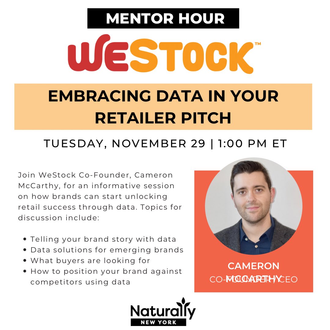 NaturallyNYC's tweet photo. Join WeStock Co-Founder, Cameron McCarthy, for our next Mentor Hour focused on how brands can start unlocking retail success through data. Register here: https://t.co/KkBsIBiVan

#naturallynewyork #westock #mentorhour #data #emergingbrands #datastorytelling #datasolutions https://t.co/WxDocbyvcF