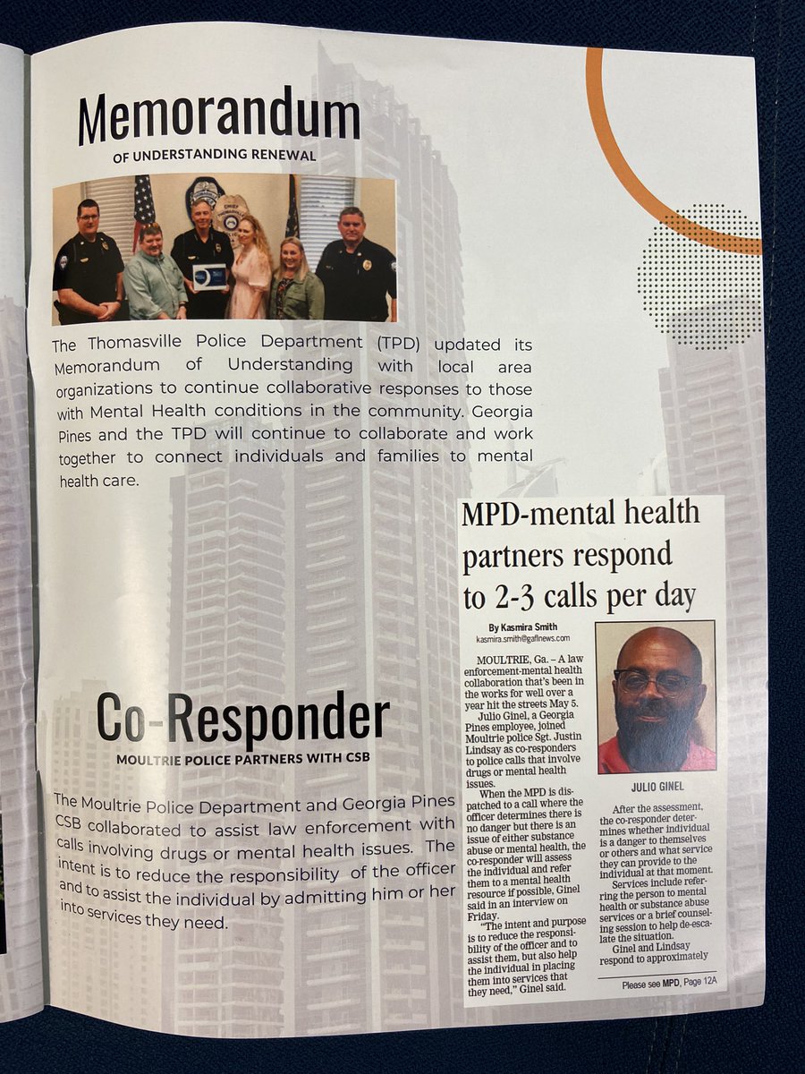ChiefLetteney's tweet photo. Our @thomasville_pd partner in serving those with mental health needs is the Georgia Pines CSB. I was pleased to see their 2022 Annual Report highlight our Memorandum of Understanding solidifying the partnership of service to our community! @TheIACP #PathForward #OneMindCampaign https://t.co/RlJvBD0KfO