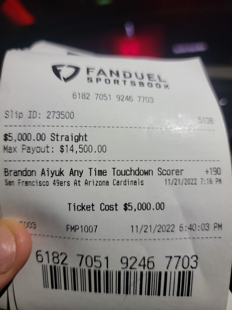 MidwstDabbers's tweet photo. My boyyy!! Brandon Aiyuk 7yards for the Touchdown 1st Quarter Cashes 💰💸💰💸💰💸💰 #BinoBets #GamblingTwitter #NFLPicks #SportsBettor #PlayerProps #AnytimeTouchdowns #BrandonAiyuk #49ers https://t.co/Ig2C7dgRhA