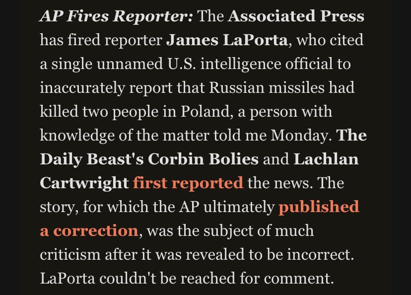 AP hat den Journalisten entlassen, der unter Bezug auf eine anonyme US-Geheimdienstquelle geschrieben hat, russische Raketen hätten zwei #Polen gerötet. via <a href="/CNN/">CNN</a>