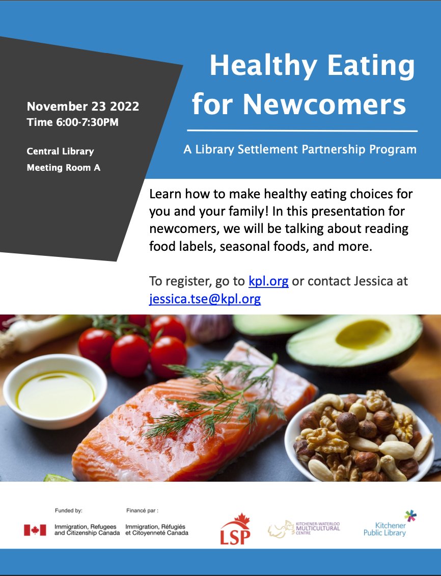 This week - come on out to KPL for a workshop on healthy eating!
🍊🍅🥦🥐🍵🍽

#WRnewcomers #KWAwesome #HealthyEating #Cambridgenewcomers Kitchener Public Library