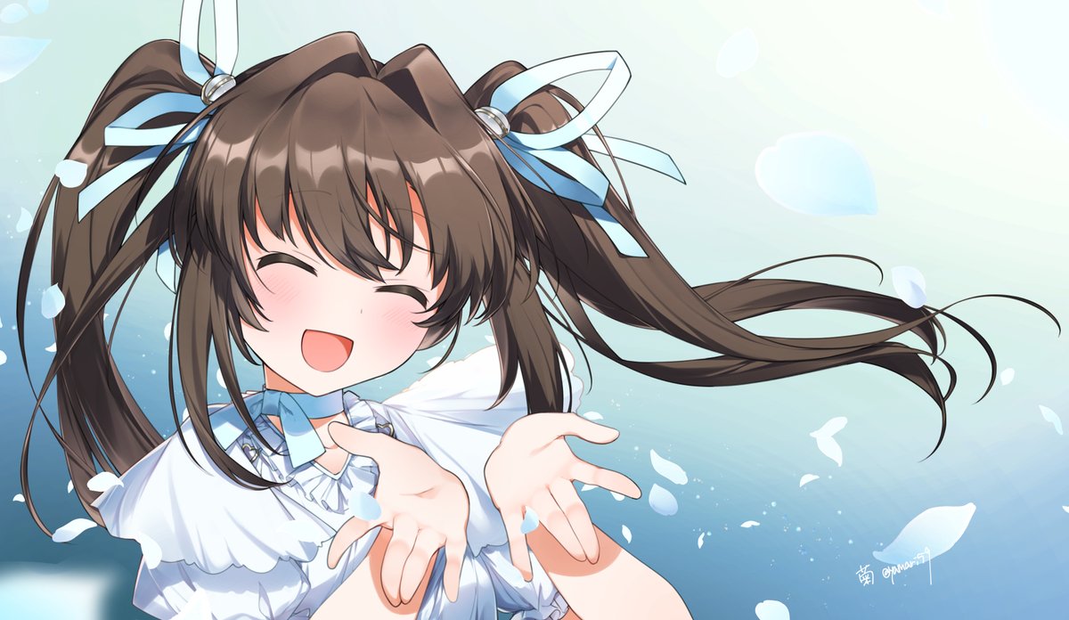 1girl twintails solo closed eyes ribbon smile brown hair  illustration images