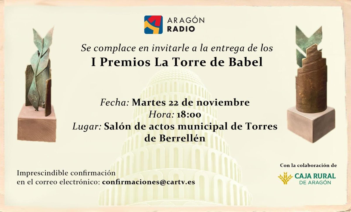 🔜 Esta tarde 
⏰ 18.00 horas
🏘️ Salón de actos de Torres de Berrellen 
🏆 Premios La Torre de Babel - Caja Rural de Aragon