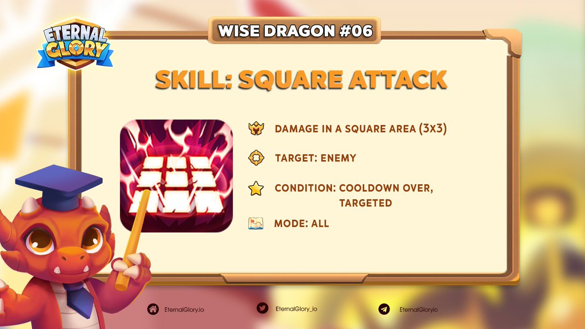 Let's go back to Prof. Dragon's class 🎓

💥Square attack will be threatening when this skill can deal damage to 9 enemies standing in the same square area.

🌟Target: Enemy
🌟Condition: Cooldown over + targeted
🌟Mode: All

If so, what would you name this skill?
#WiseDragon #F2E
