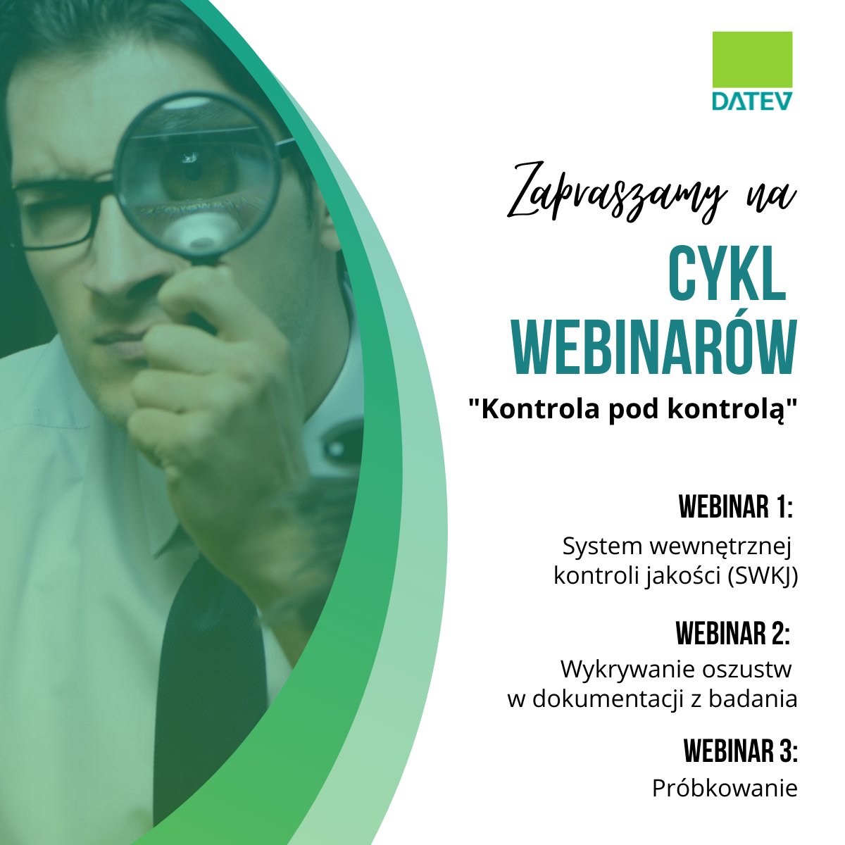 Serdecznie zapraszamy na cykl webinarów dla biegłych rewidentów: „Kontrola pod kontrolą”

Cykl składa się z 3 szkoleń online:
 1: System wewnętrznej kontroli jakości (SWKJ)
2: Wykrywanie oszustw w dokumentacji z badania
3: Próbkowanie

Więcej informacji: datev.pl/cykl-webinarow…