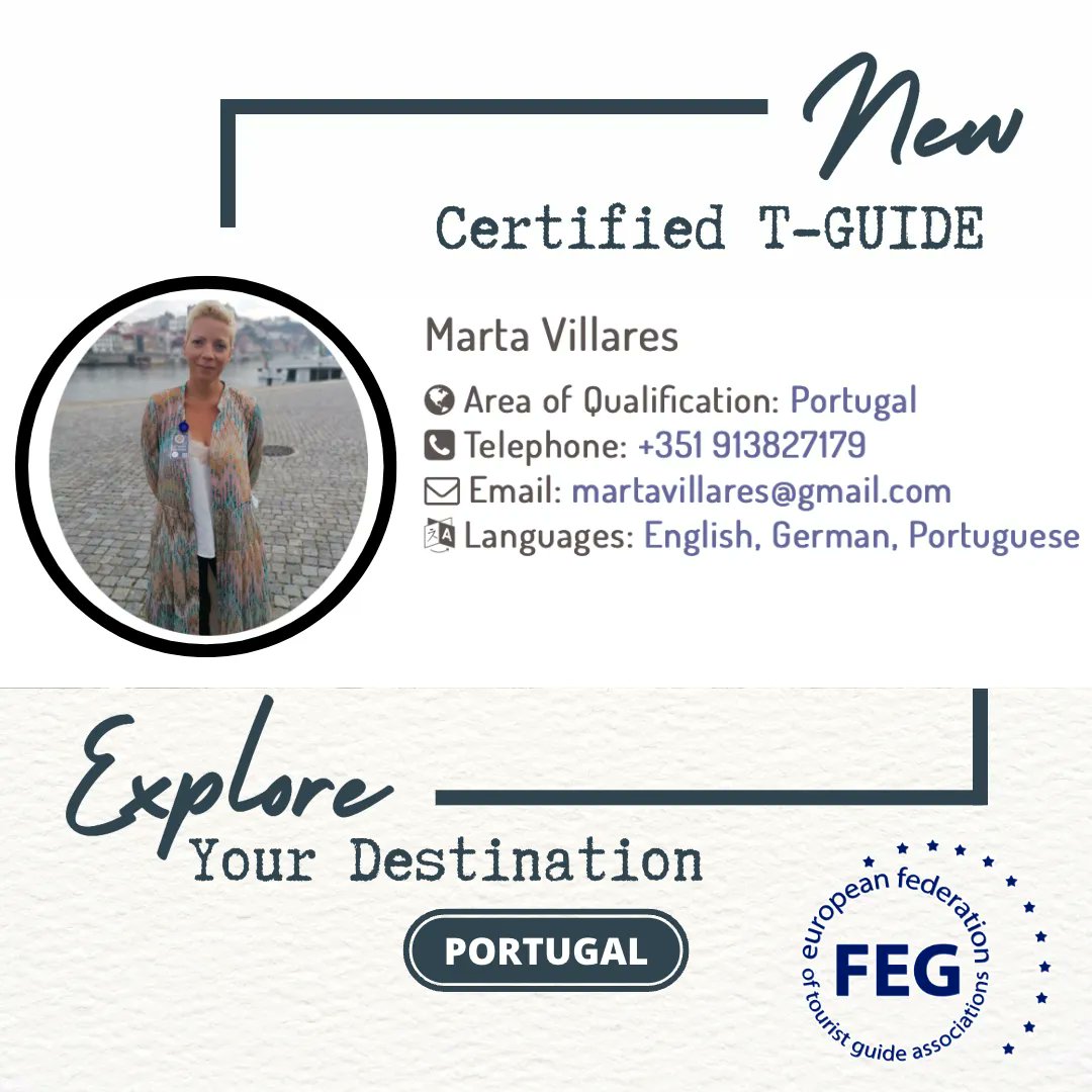 FEGTouristGuide's tweet image. It is a pleasure to introduce one more certified T-GUIDE by FEG &amp;amp; ENAT for Portugal.
Marta Villares made it and is now #ReadyToGuide in her area of qualification.
Congrats, Marta!

For the full listing of the certified T-GUIDEs see more here: 
feg-touristguides.com/t-guidecertifi…