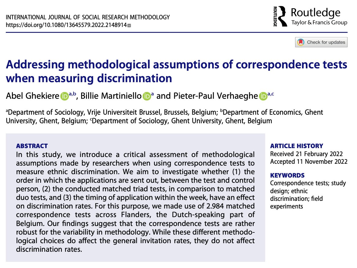 🔍New research note in @TheIJSRM! In which we critically assess the robustness of correspondence tests when measuring discrimination on the rental housing market. With @BillieMartinie1 and @PieterPaulVer. @ID_VUB Read it: rb.gy/cmfowk